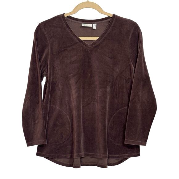 Chocolate Brown Velour Pullover Top XL V Neck Relaxed Fit - Picture 2 of 12